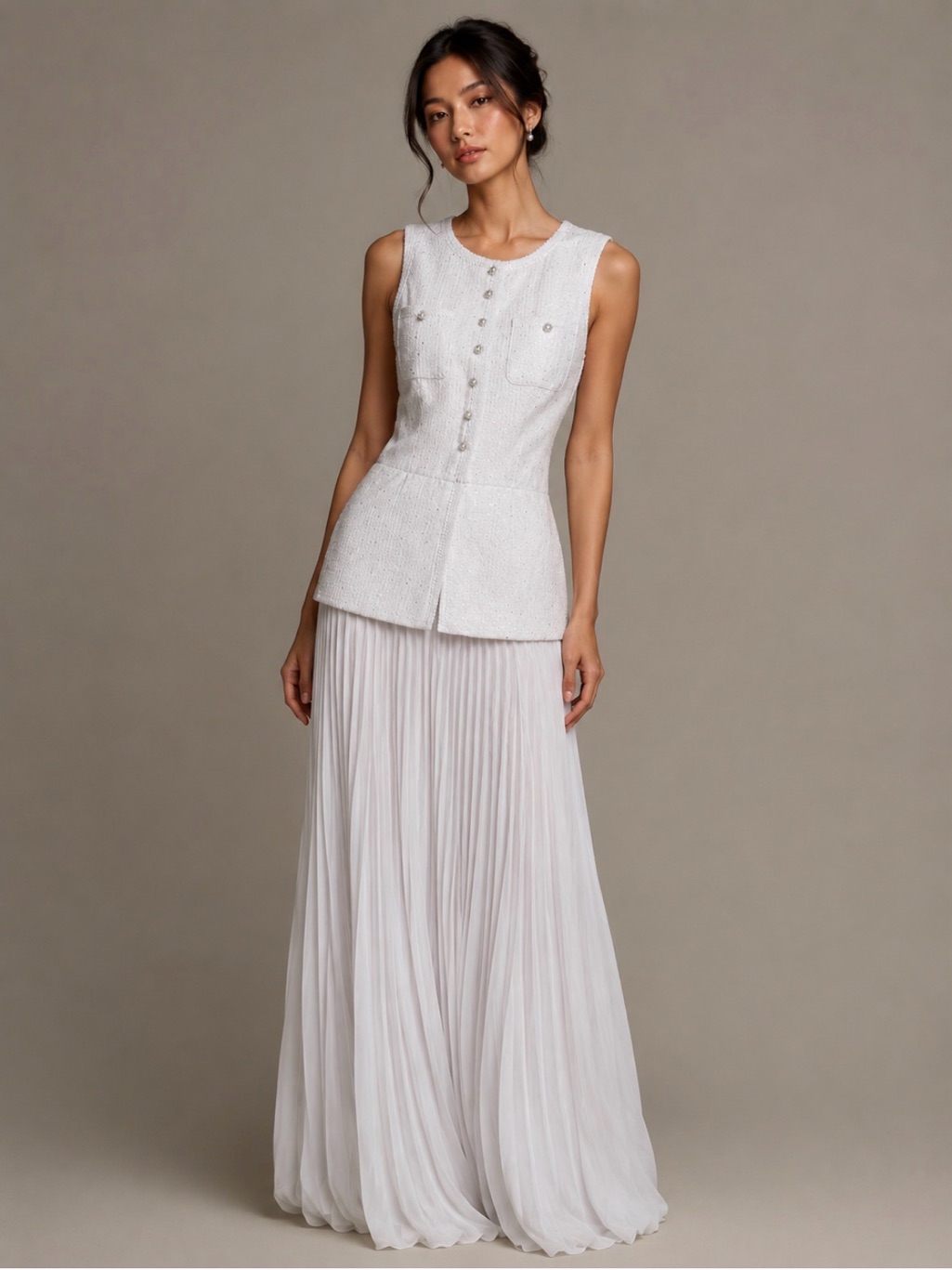 Taylor White Sleeveless Top With Pleated Maxi Skirt